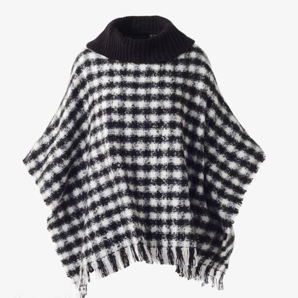 Chicos Woven Knit Poncho Sweater Womens S/M Black White Houndstooth Turtleneck - Picture 1 of 12